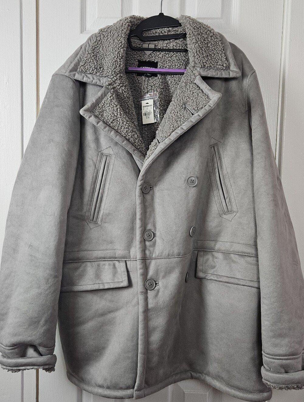 Express Men's XL Tall Gray Faux Shearling Sherpa Lined Double Breasted Coat NWT